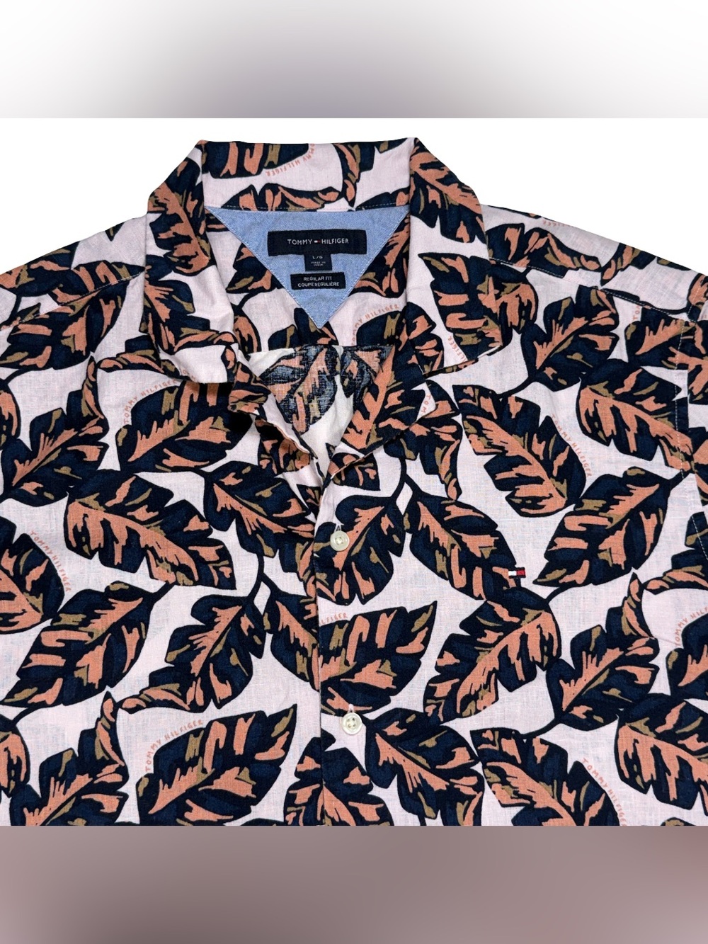Tommy Hilfiger Men’s Large Linen Blend Hawaiian Shirt Pink Tropical Leaf Print
